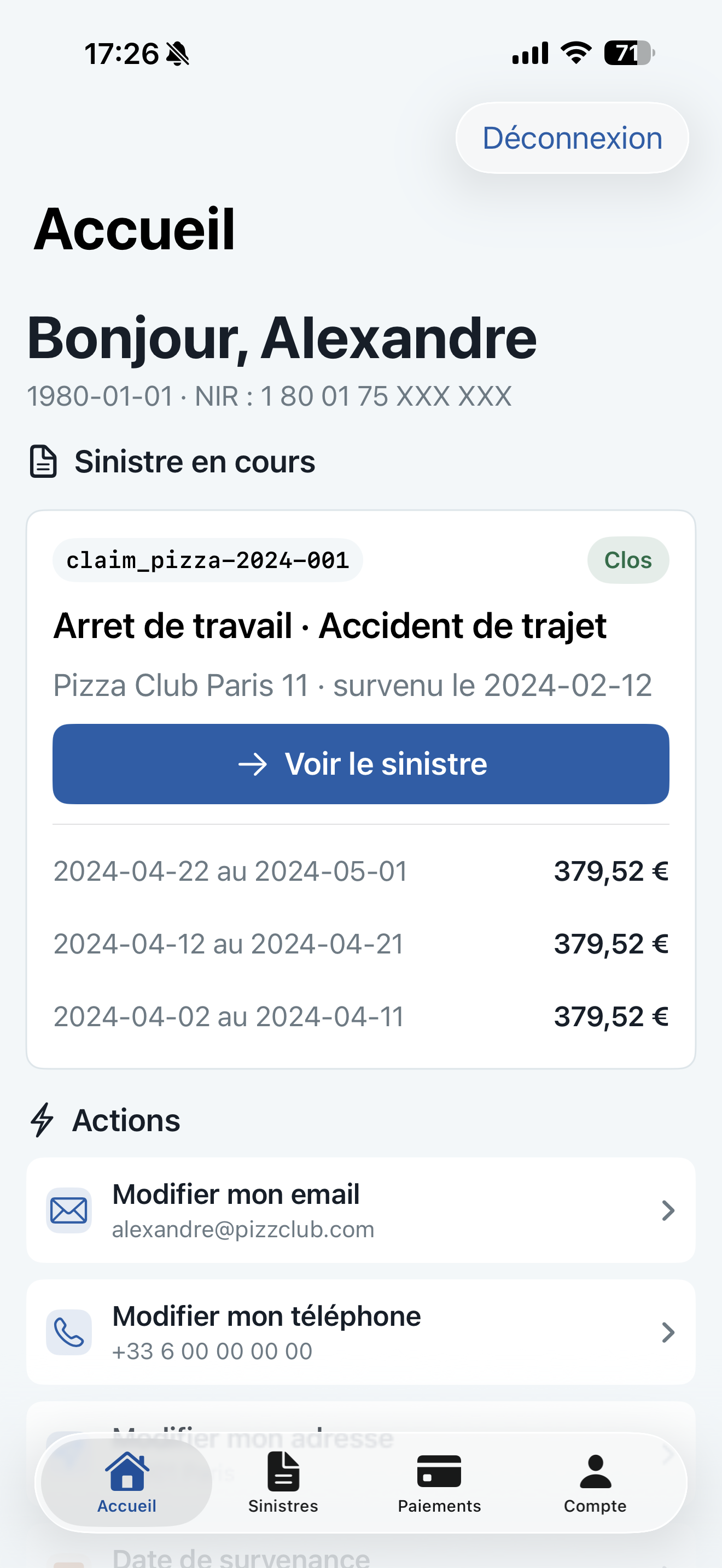 Capture mobile Insuria, écran accueil