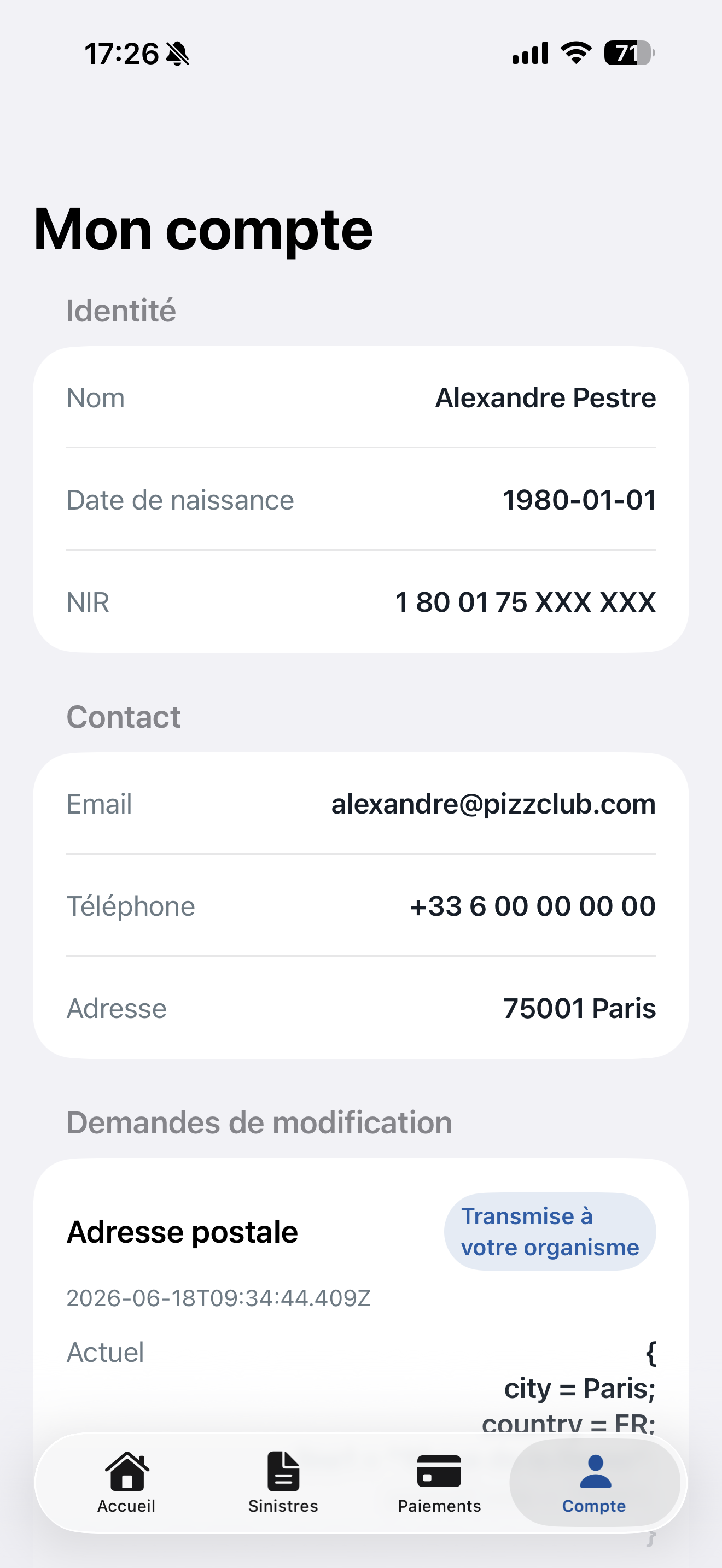 Capture mobile Insuria, écran compte