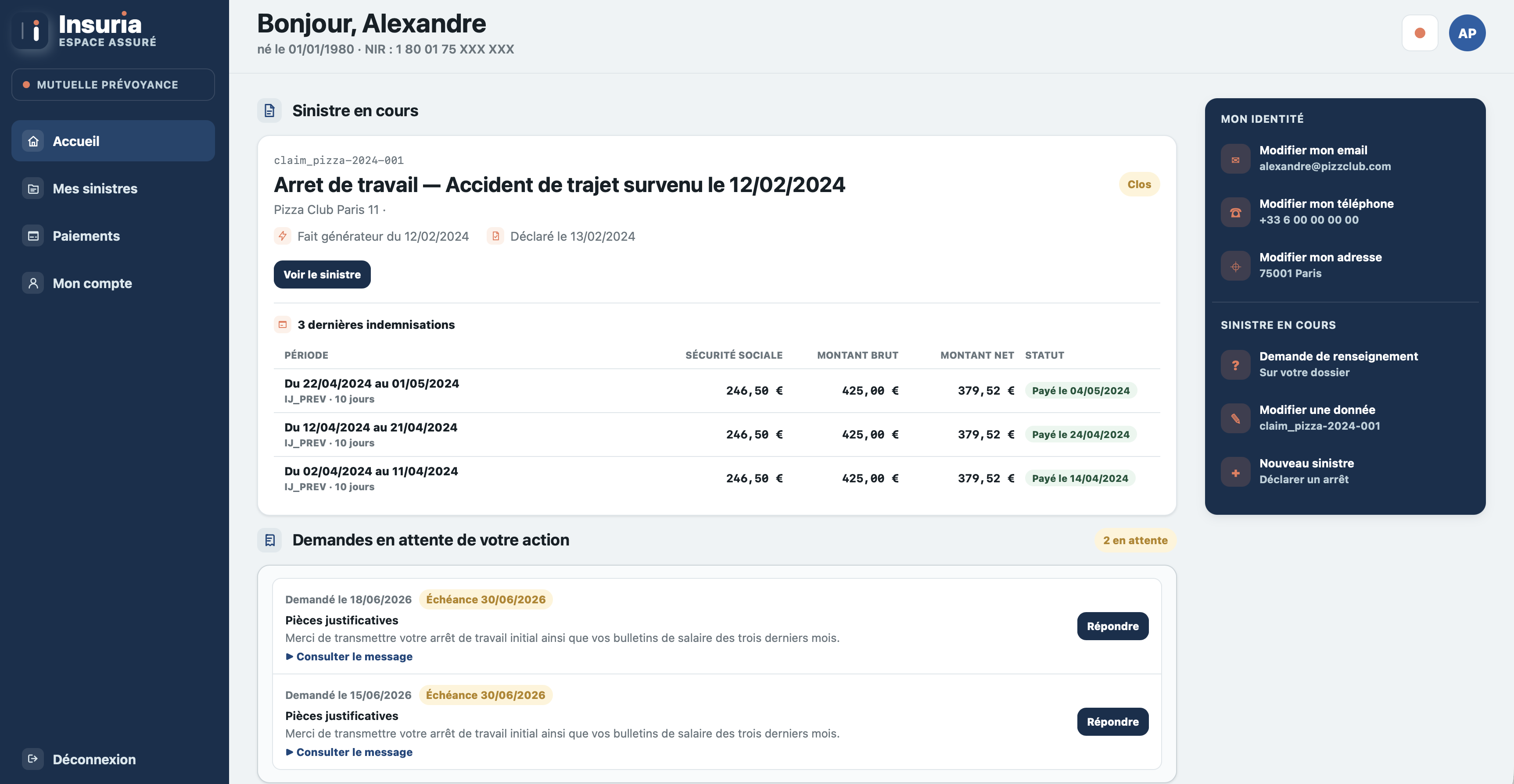 Capture web de l'espace assuré Insuria, écran accueil